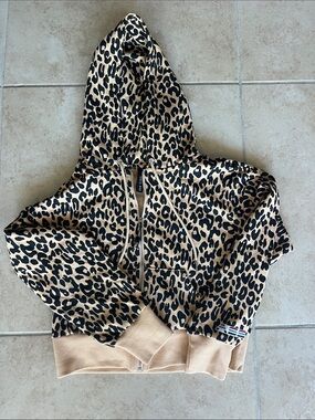 XS Leopard Print Hooded Zip-Up Sweatshirt - Tan & Black